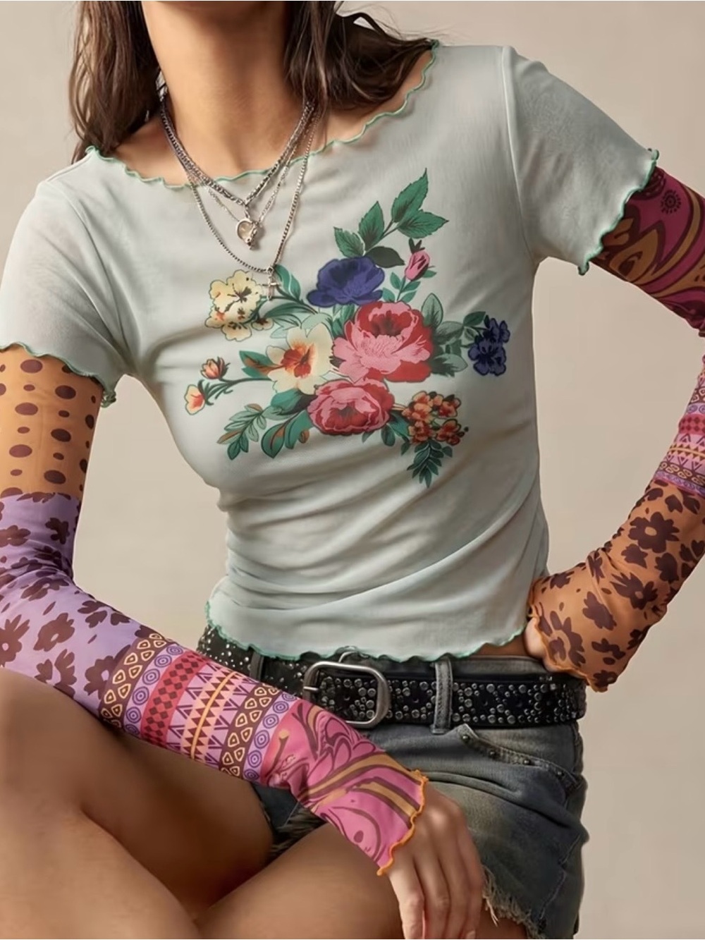 Floral Print Sage Green Short Sleeve Tee